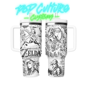 May include: Two white stainless steel travel mugs with black and white illustrations of characters from the video game "The Legend of Zelda: Tears of the Kingdom". One mug features Link and Zelda, while the other mug features a map of Hyrule.