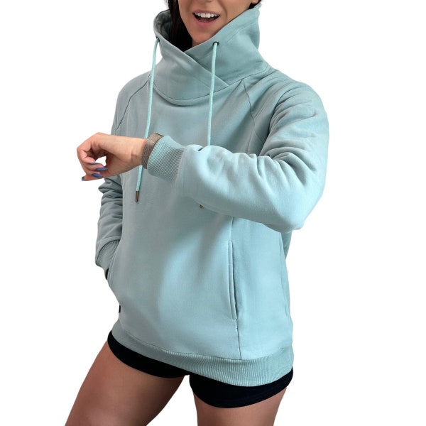 Women’s Loose Fit Cotton Longsleeve Turtleneck Sweatshirt, Warm Casual Stretchy Fleece Pullover Active Top in Green, Blue & Beige