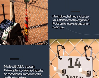 Peut inclure: Organisateur de dugout en thermoplastique ASA. L'organisateur se fixe sur une clôture en treillis métallique et peut contenir un casque, un gant et une batte de baseball. Le panneau indique "14 Reaper".