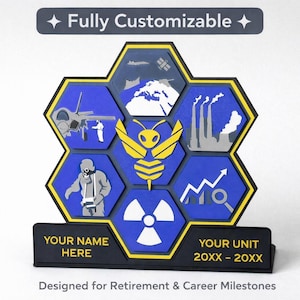 May include: A fully customizable, black, yellow, and blue desk plaque. The plaque features a honeycomb design with various icons and the text "YOUR NAME HERE" and "YOUR UNIT 20XX - 20XX". The text "Fully Customizable" is at the top. The plaque is designed for retirement and career milestones.