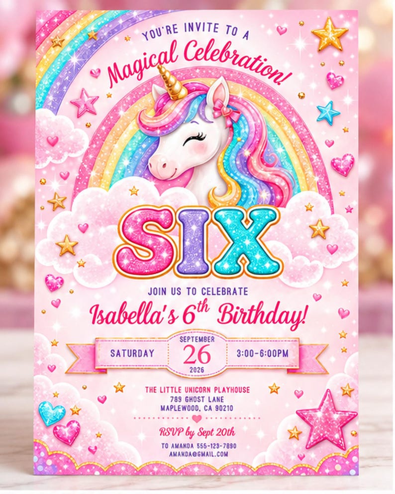 Unicorn 6th Birthday Invitation Editable Canva Template Rainbow Glitter ...