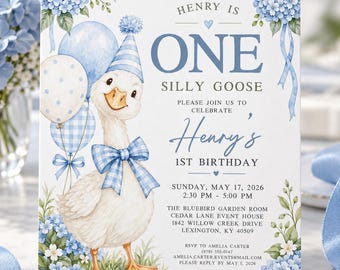 May include: A rectangular invitation card for Henry's 1st birthday featuring a watercolor illustration of a goose wearing a blue party hat and bow tie, surrounded by blue hydrangeas, balloons, and bunting, with printed event details.