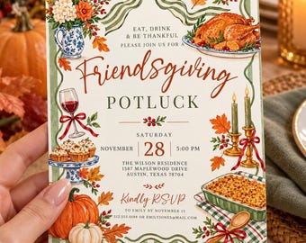 May include: A rectangular Friendsgiving potluck invitation card with a green and white striped border, featuring illustrations of a roasted turkey, pumpkins, a wine glass, and autumn leaves. The text reads: EAT, DRINK & BE THANKFUL, Friendsgiving POTLUCK, SATURDAY NOVEMBER 28 5:00 PM, THE WILSON RESIDENCE 1587 MAPLEWOOD DRIVE AUSTIN, TEXAS 78704, Kindly RSVP TO EMILY BY NOVEMBER 15 512.555.0198 OR EMILYJONES@MAIL.COM.
