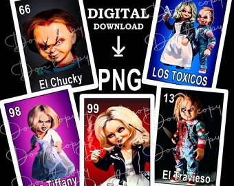 Chucky, Tiffany Loteria Card digitaal downloadbestand PNG, sublimatie Mexicaanse Loteria Halloween SET