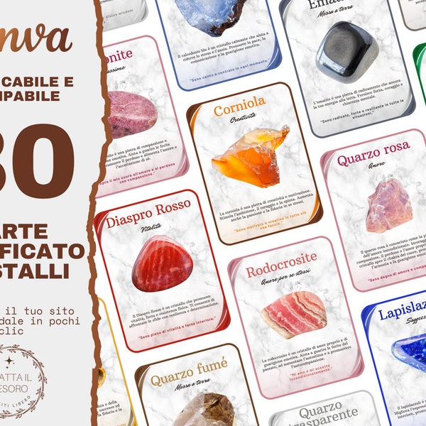 30 Modelli di Carte dei Significati dei Cristalli Editabili: Carte dei Significati delle Pietre Preziose Stampabili, Download Istantaneo