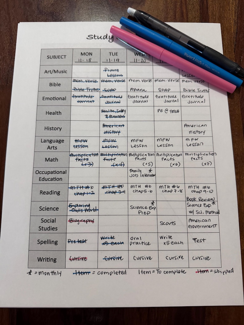 Tuesday Assignment Homeschool Weekly Study Schedule - Editable/printable - Etsy