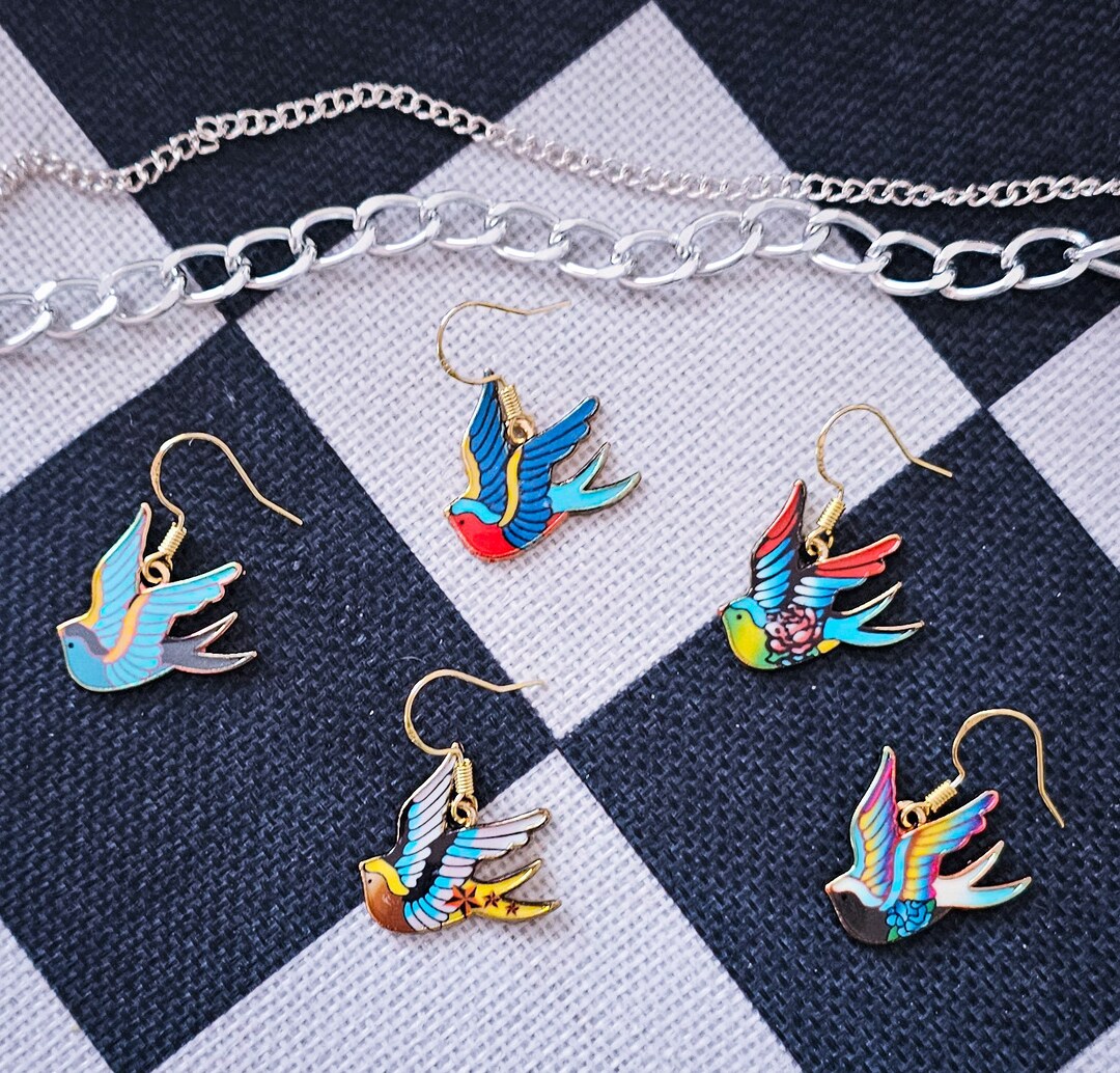 Tattoo style earring/ swallow tattoo earrings / swallow earring / bird earrings/ charm earrings