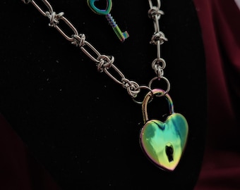 lock and key necklace/ heart lock necklace / lock necklace/ chunky chain necklace/ key necklace/ collar/ heart padlock necklace