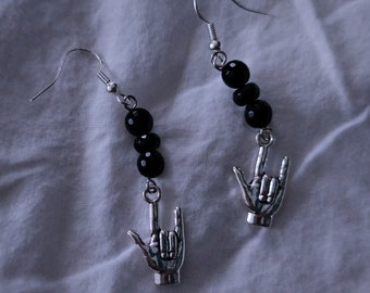 I love you earrings/ devil horn earrings/ rock and roll fist earrings/ sign language earrings/ hand earrings/ obsidian earrings