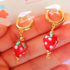 Strawberry Earrings – Handmade Glass Beads, 18k Gold Plated Hoops, Hypoallergenic, Gift Pouch Included