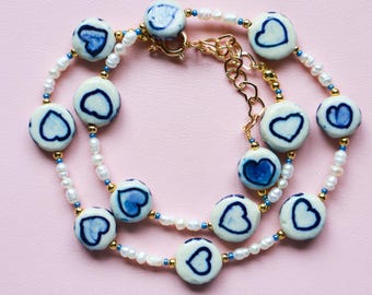 Blue Porcelain Heart Necklace: Ceramic Beads, Cultured Pearls, 18K Gold Plated