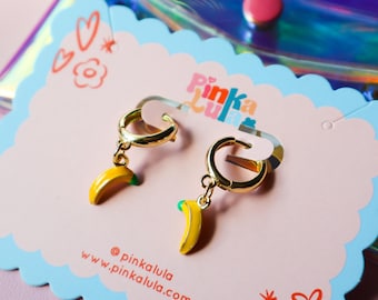 Fruit Charm Hoop Earrings | Banana Strawberry Enamel Dangle Hoops