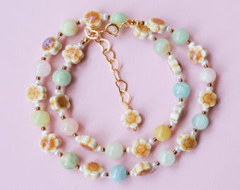 Jade Bloom Necklace: Glass Flower Beads, Cultured Pearls, 18K Gold Plated