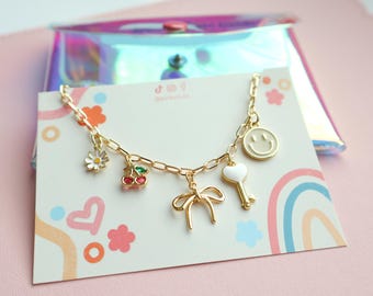 Enamel Charm Necklace: Cherry, Flower & Heart - 18k Gold Plated