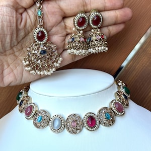 Multicolor Indian Set Pakistani Jewelry Colorful choker antique gold set sangeet set indian wedding jewelry Indian Necklace Set Navratan