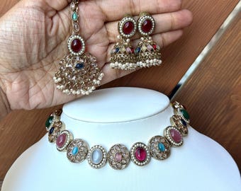 Multicolor Indian Set Pakistani Jewelry Colorful choker antique gold set sangeet set indian wedding jewelry Indian Necklace Set Navratan