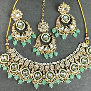 Kundan Mint Green Indian Jewellery Green and Gold Choker Mint Green Pakistani Choker Sangeet Choker Set