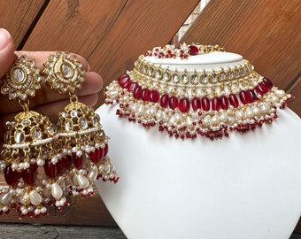 Red Indian Necklace Set Dark Red Choker Gold Necklace Set Indian Jewelry Sangeet Choker Maroon Necklace set