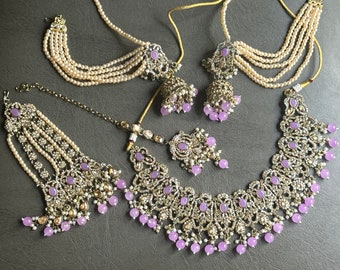 Indian bridal purple choker lavender jhoomar pakistani jewelry light purple necklace set