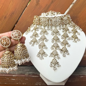 Collar indio nupcial de oro con gargantilla, joyería de recepción, joyería pakistaní, conjunto de declaración de anuncio kundan invertido