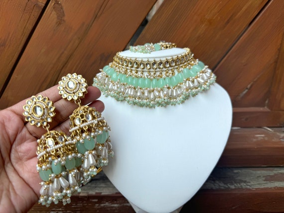 Mint green necklace set Indian wedding jewelry sangeet jewelry pakistani punjabi choker oversized jhumkas light green