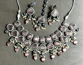 Baby pink indian necklace set sabyasachi look oxidized choker pink statement set bollywood jewelry
