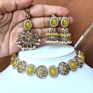 Yellow Indian Set Pakistani Jewelry Mehendi choker antique gold set sangeet set indian wedding jewelry Yellow necklace set