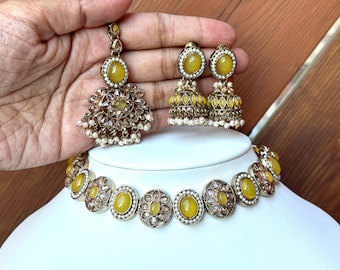 Yellow Indian Set Pakistani Jewelry Mehendi choker antique gold set sangeet set indian wedding jewelry Yellow necklace set