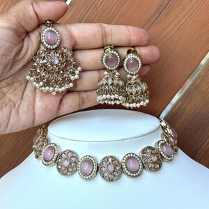 Light Pink  Indian Set Pakistani Jewelry baby pink choker antique gold set sangeet set indian wedding jewelry Indian Necklace Set