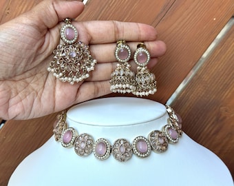 Light Pink  Indian Set Pakistani Jewelry baby pink choker antique gold set sangeet set indian wedding jewelry Indian Necklace Set