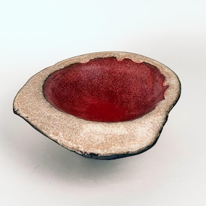 May include: A handcrafted, organic-shaped bowl with a deep red interior and a textured, off-white rim. The bowl's exterior is dark, creating a striking contrast. This decorative piece is ideal for holding small items.