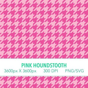 Può includere: Motivo pied-de-poule rosa con un design ripetuto. L'immagine include il testo "PINK HOUNDSTOOTH" e dettagli sulla risoluzione e il tipo di file. Il motivo è un classico design tessile.
