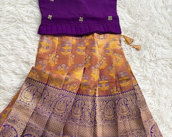 Babyhug  Short Sleeve Pattu Pavada  Choli Lehenga Set with Gold Foil Print - Maroon main image 0