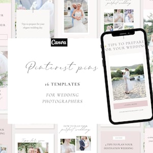 Può includere: Una collezione di 16 modelli di pin di Pinterest per fotografi di matrimoni. I modelli presentano uno schema di colori rosa e bianco con testo che dice "Pinterest pins", "16 modelli", "Per fotografi di matrimoni", "Consigli per preparare il tuo matrimonio", "Trova il wedding planner perfetto", "4 consigli per pianificare il tuo matrimonio di destinazione", "Come pianificare il tuo matrimonio perfetto", e "Trova l'interno perfetto per la tua casa".