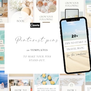 Pinterest template bundle for travelers and bloggers - 20 canva template design for Pinterest pin - editable bright colored pins