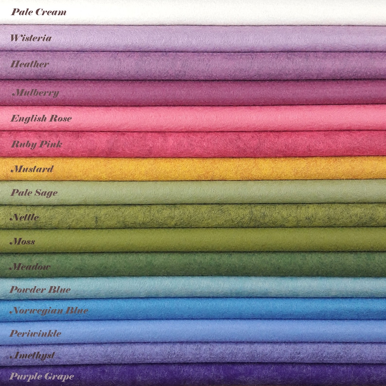 Wool Felt Sheets 22cm x 45cm Metre Sheets Rainbow Shades heathered pink purple yellow green blue red rose white cream orange image 2