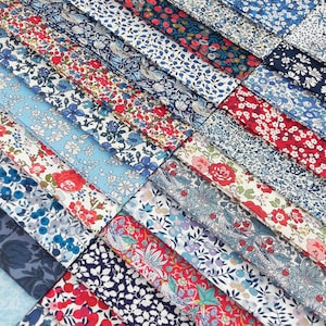 Confezione di tessuti Liberty ~ Democracy / Tana Lawn™, ciondoli in cotone per trapuntatura, confezione da un quarto di grasso / mini festoni floreali azzurri e rossi e bianchi