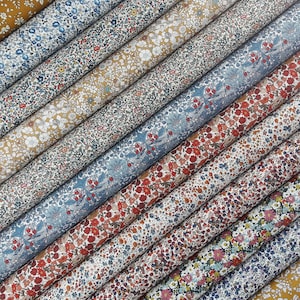 Könnte beinhalten: Eine Sammlung von Stoffrollen mit verschiedenen floralen Mustern. Die Stoffe weisen eine Reihe von Farben auf, darunter Blau, Rot, Gelb und Weiß, mit detaillierten botanischen Designs. Die Rollen sind diagonal angeordnet und zeigen die Vielfalt der Muster.