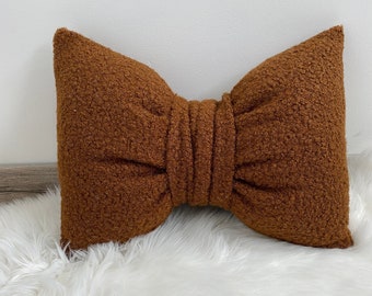 Brown Bouclé Bow Pillow: Coquette Cottagecore Accent Cushion