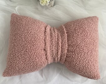 Pink Bouclé Bow Pillow: Cotton Accent Cushion