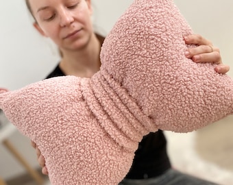 Pink Bouclé Bow Pillow: Cotton Accent Cushion, Coquette Decor