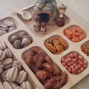 Könnte beinhalten: Ein unterteiltes Tablett aus hellem Holz mit verschiedenen kleinen Gegenständen, darunter ein hohler Baumrindenstamm, zwei hölzerne Eichhörnchenfiguren, eine Figur mit Eichelhut, ein Holzlöffel, echte Eicheln sowie verschiedene Nudeln und Hülsenfrüchte.