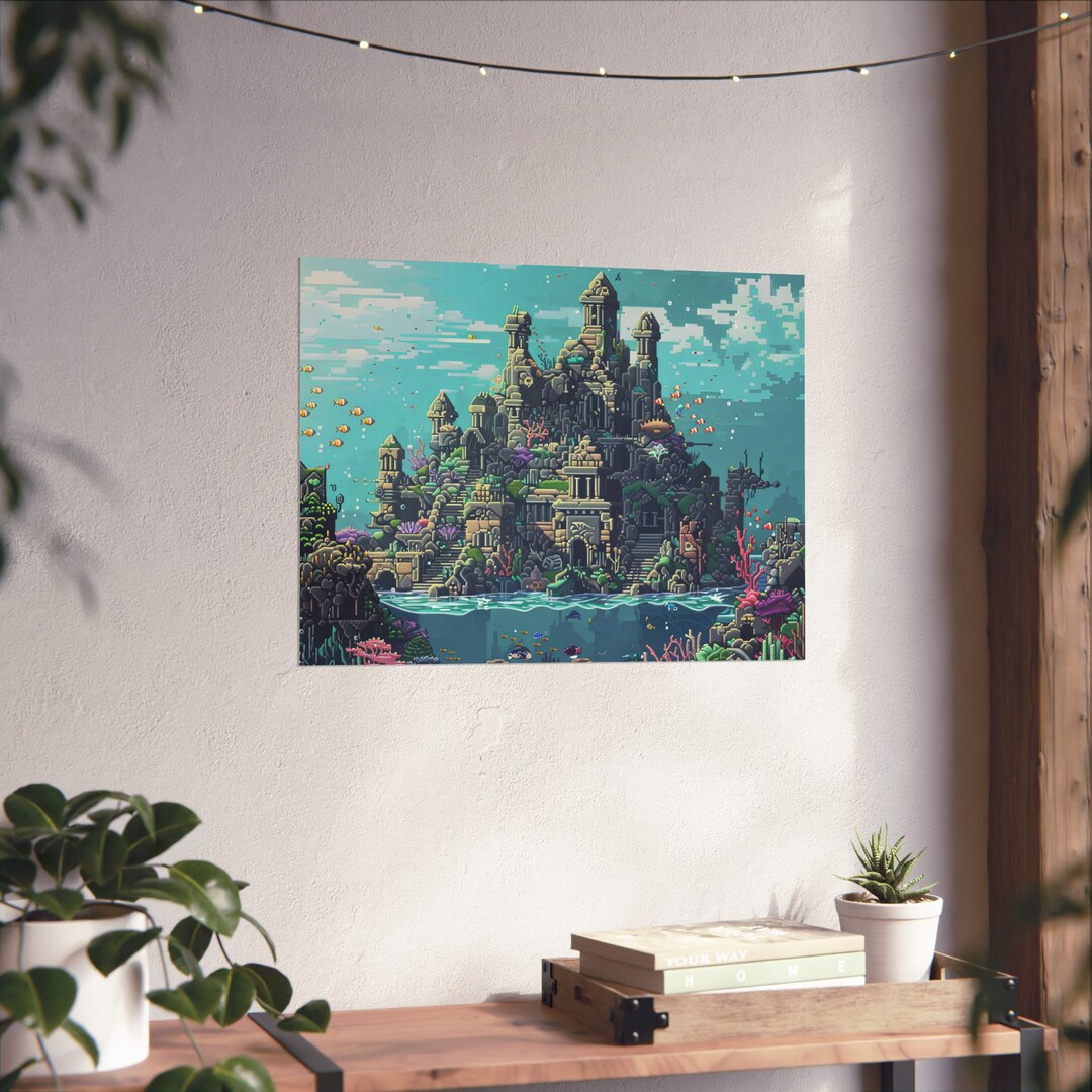 Pixel Art Coral Reef Kingdom Poster Underwater Fantasy Castle Art
