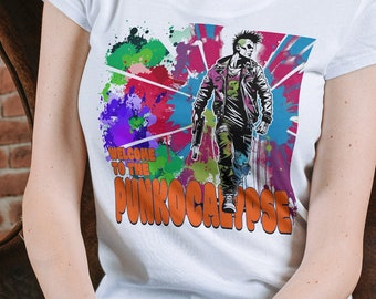Punk grafisch T-shirt zombie, kleurrijk spuitverfontwerp