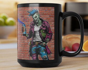 ZOMBIE PUNK MOK, punk is niet dood, ondoden, graffitikunst, 15oz mok, cadeau voor papa