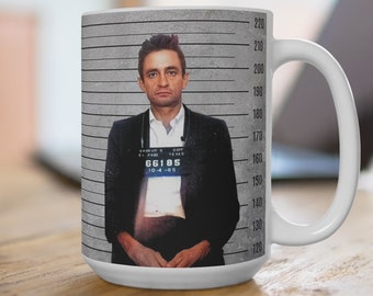 JOHNNY CASH inspirerend citaat, beroemdheid mugshot, grappige koffiemok, 15oz beker