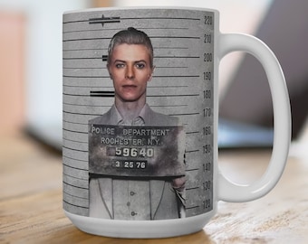 DAVID BOWIE inspirerend citaat, beroemdheid mugshot, grappige koffiemok, 15oz cup