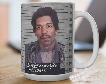 JIMI HENDRIX inspirerend citaat, beroemdheid mugshot, grappige koffiemok, 15oz beker