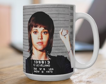 JANE FONDA inspirerend citaat, beroemdheid mugshot, grappige koffiemok, 15oz beker