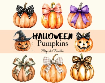 45 Watercolor Halloween Pumpkin Coquette Bow Clipart PNG Bundle Halloween Coquette Bow Pumpkin Clipart PNG